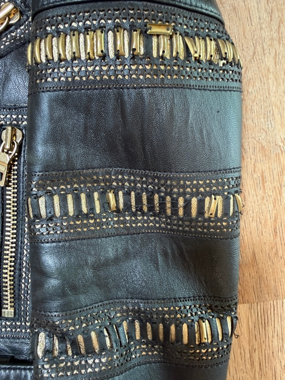 Alice + Olivia Black Leather Moto Jacket with Gold Accent Trim - Picture 4 of 5